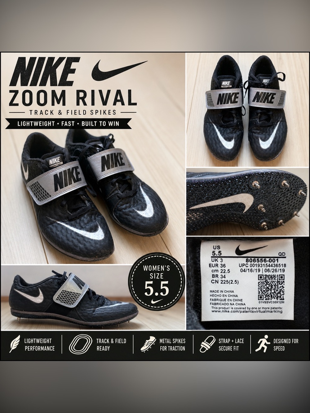 Nike Zoom Rival Track Spikes Black Silver Strap Women’s Size 5.5